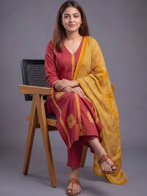 women ethnic motifs printed regular cotton kurta with trousers & with dupatta 2