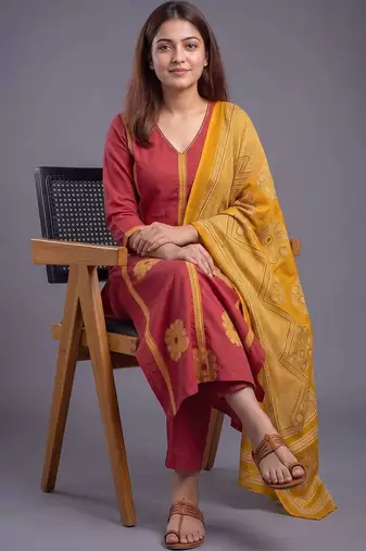 women ethnic motifs printed regular cotton kurta with trousers & with dupatta
