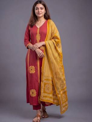 women ethnic motifs printed regular cotton kurta with trousers & with dupatta 4