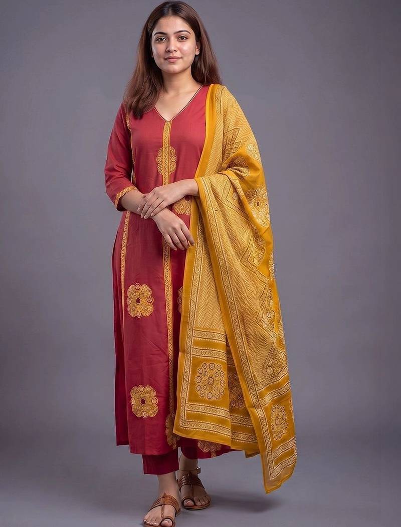 women ethnic motifs printed regular cotton kurta with trousers & with dupatta