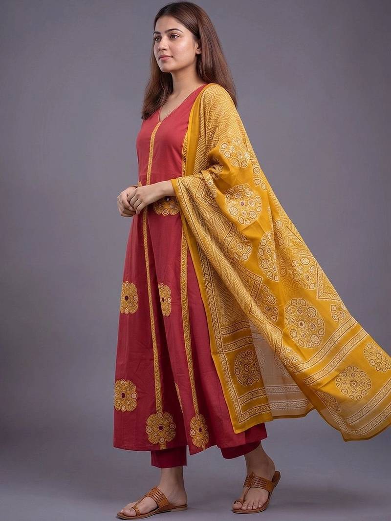 women ethnic motifs printed regular cotton kurta with trousers & with dupatta