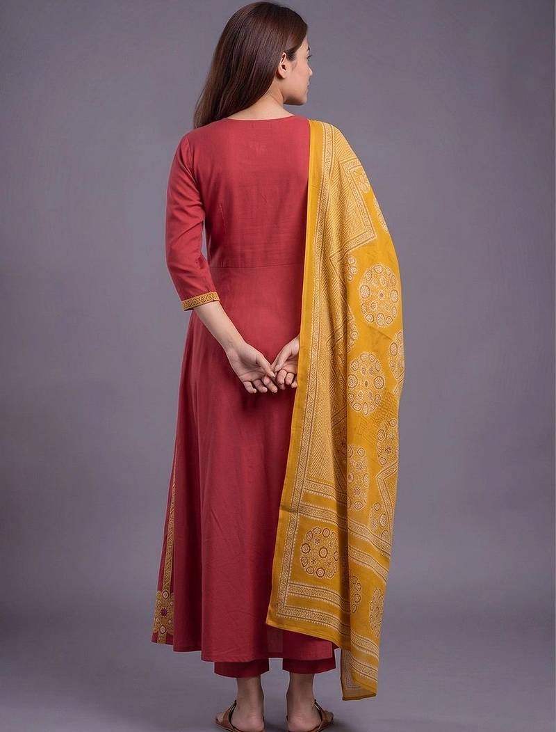 women ethnic motifs printed regular cotton kurta with trousers & with dupatta