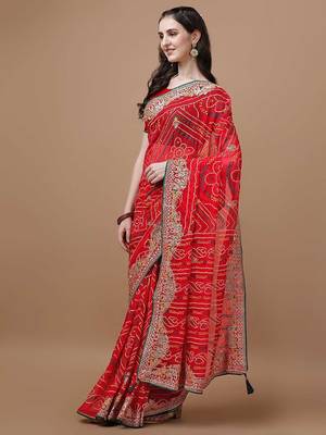 Red red bandhani printed embroidered bandhani saree 2