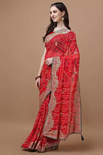 Red red bandhani printed embroidered bandhani saree