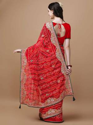 Red red bandhani printed embroidered bandhani saree 3