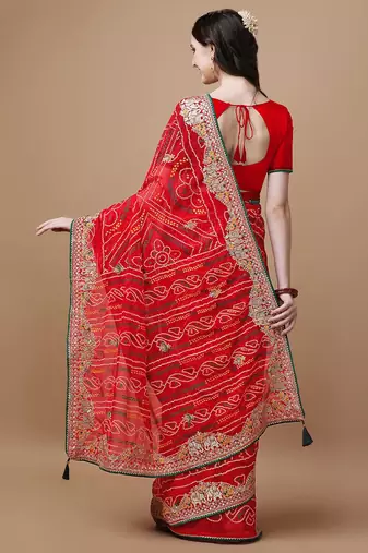 Red red bandhani printed embroidered bandhani saree