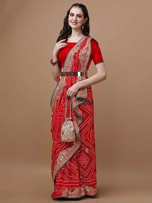Red red bandhani printed embroidered bandhani saree 4