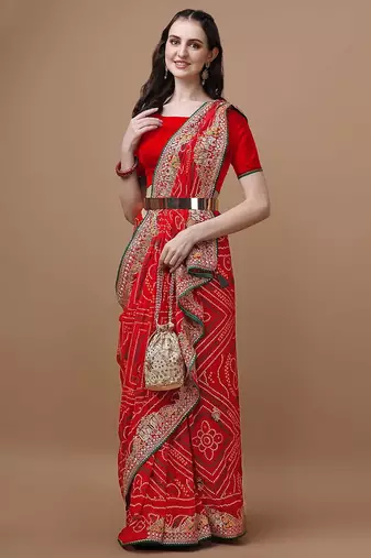 Red red bandhani printed embroidered bandhani saree