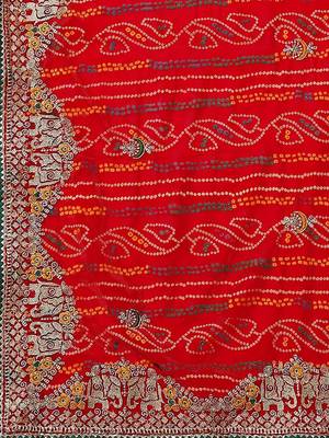 Red red bandhani printed embroidered bandhani saree 5