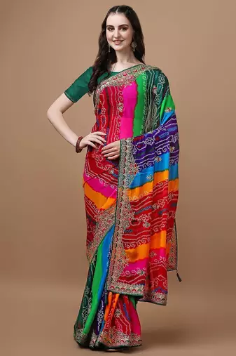 rani_pink printed embroidered detail bandhani saree