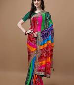rani_pink printed embroidered detail bandhani saree