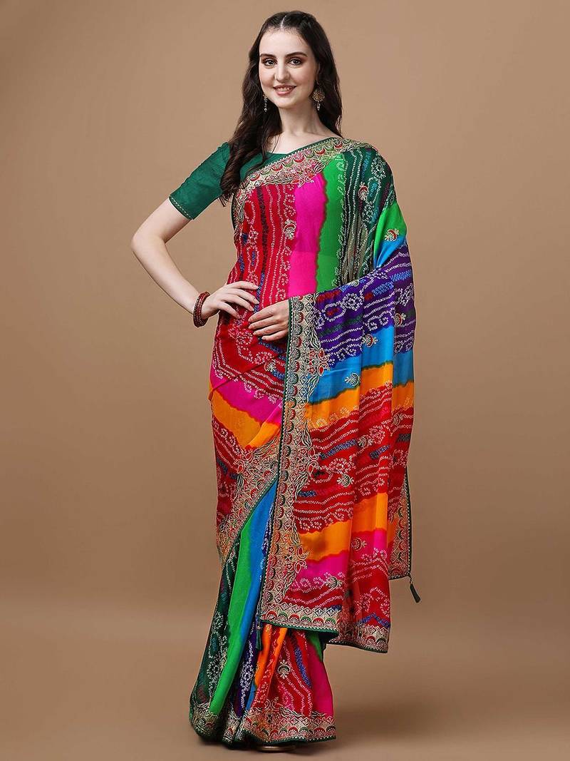 rani_pink printed embroidered detail bandhani saree