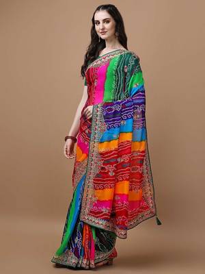 rani_pink printed embroidered detail bandhani saree 2