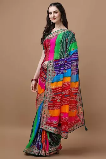 rani_pink printed embroidered detail bandhani saree