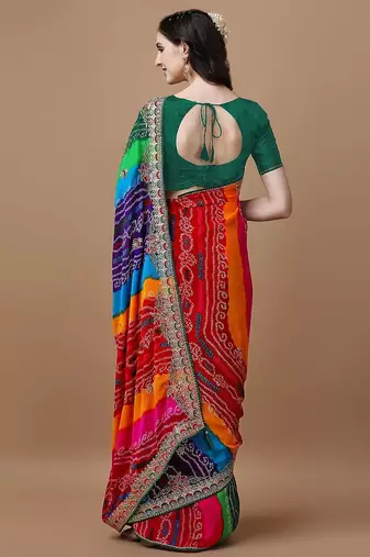 rani_pink printed embroidered detail bandhani saree