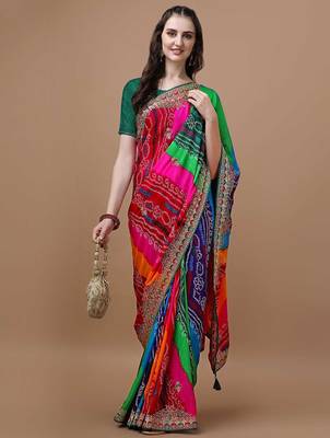 rani_pink printed embroidered detail bandhani saree 4