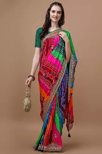 rani_pink printed embroidered detail bandhani saree