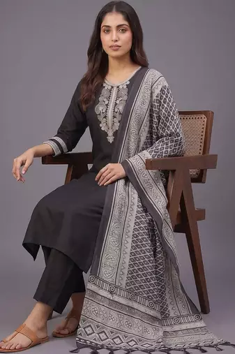 women ethnic motifs embroidered regular thread work kurta with palazzos & with dupatta