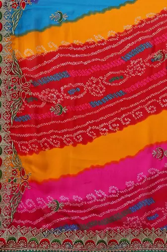 rani_pink printed embroidered detail bandhani saree