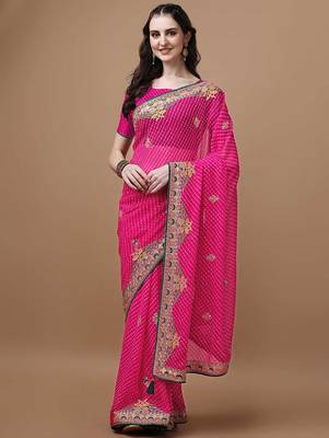 Pink pink geometric printed bandhani saree 1