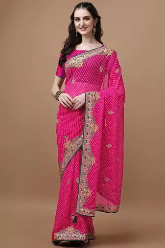 Pink pink geometric printed bandhani saree