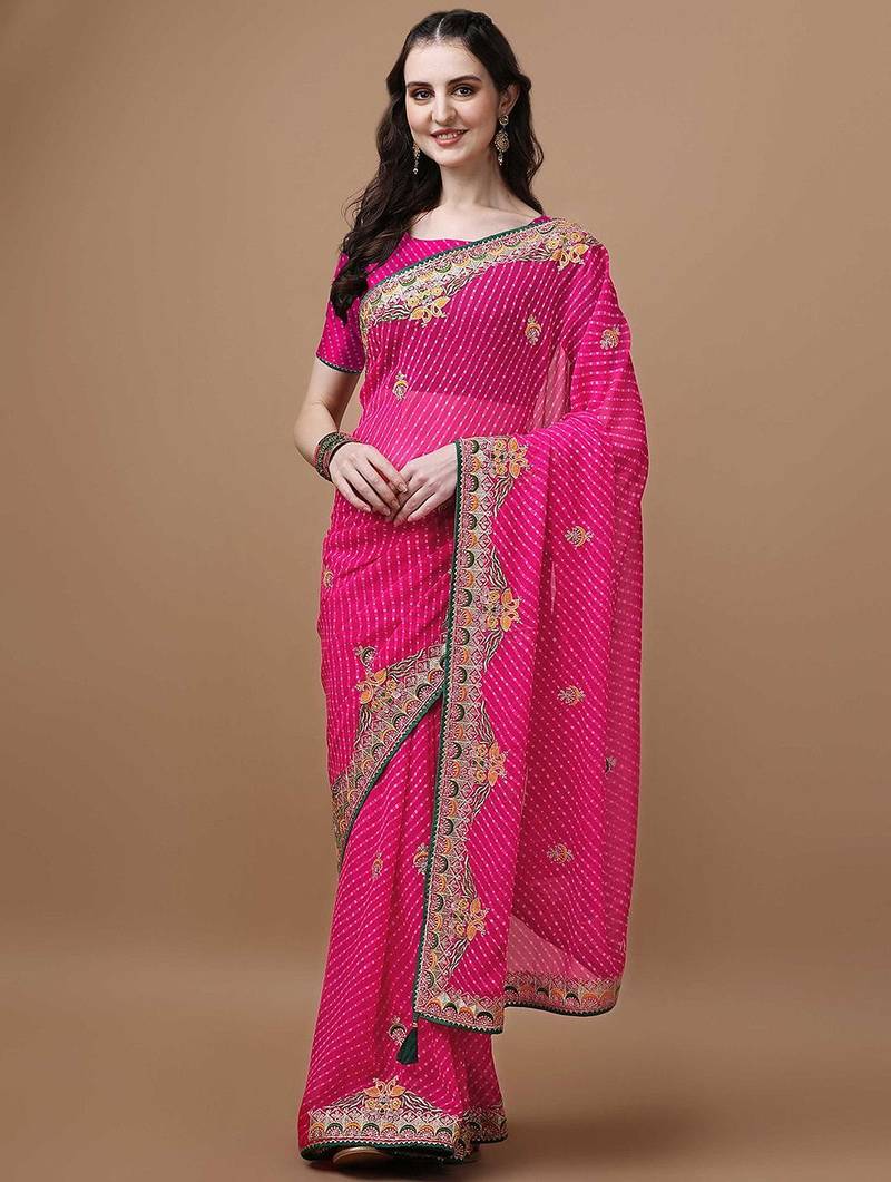 Pink pink geometric printed bandhani saree