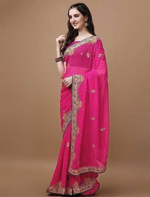 Pink pink geometric printed bandhani saree 2