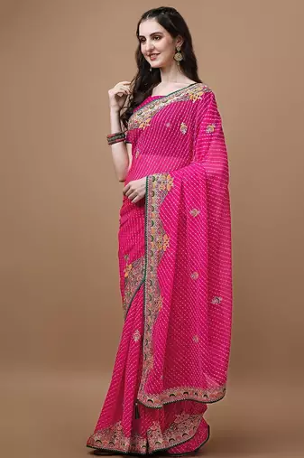 Pink pink geometric printed bandhani saree