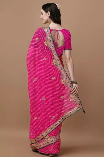Pink pink geometric printed bandhani saree