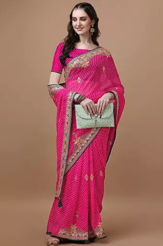 Pink pink geometric printed bandhani saree