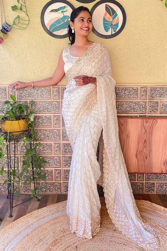 Off white off white embellished sequined saree
