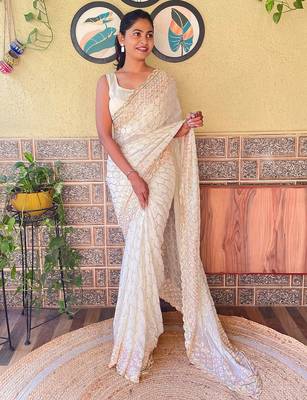 Off white off white embellished sequined saree 2
