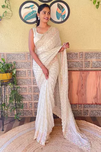 Off white off white embellished sequined saree