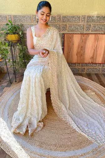 Off white off white embellished sequined saree