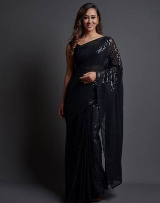 black embellished sequinned pure georgette saree 1