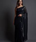 black embellished sequinned pure georgette saree
