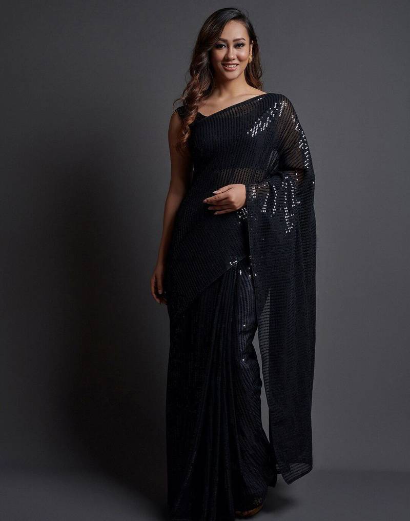 black embellished sequinned pure georgette saree