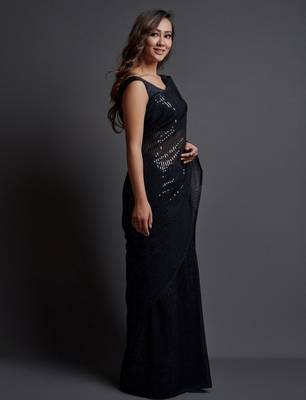 black embellished sequinned pure georgette saree 2