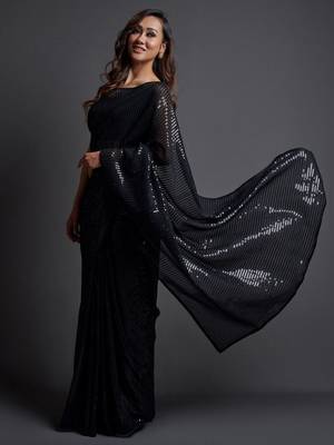 black embellished sequinned pure georgette saree 3