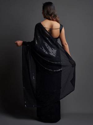 black embellished sequinned pure georgette saree 4