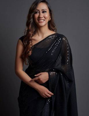 black embellished sequinned pure georgette saree 5