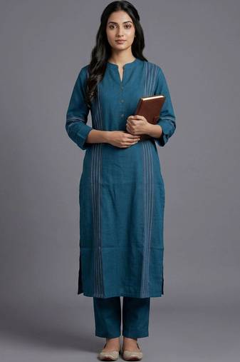 women striped regular kurta with trousers