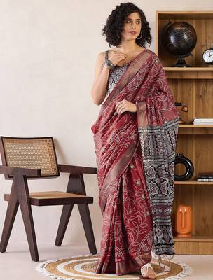 brown bandhani ready to wear bagru saree 1