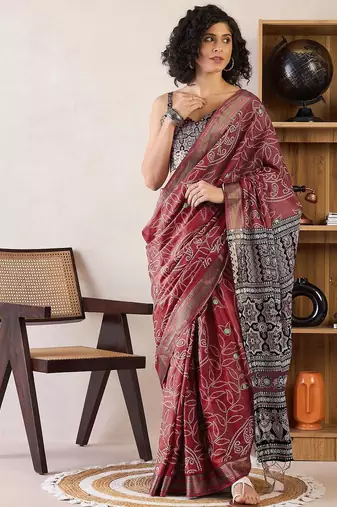 brown bandhani ready to wear bagru saree