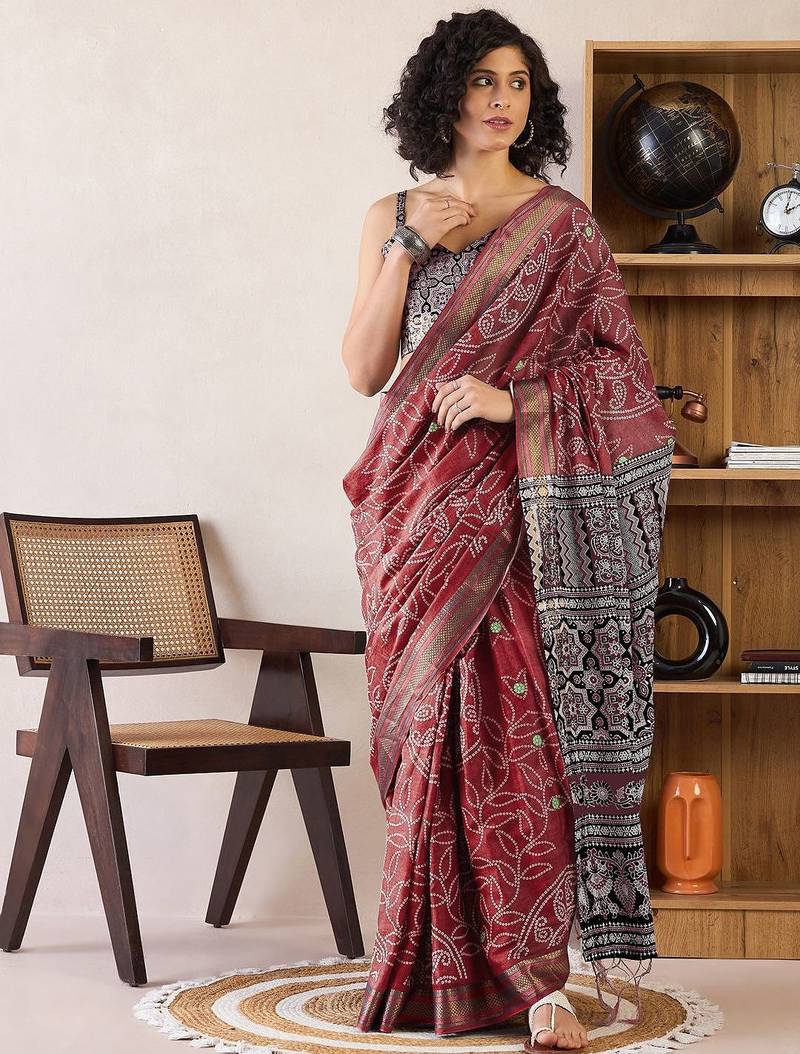 brown bandhani ready to wear bagru saree