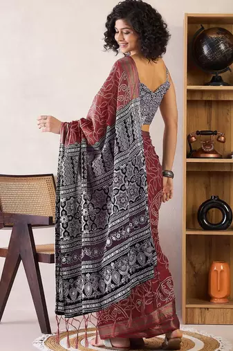 brown bandhani ready to wear bagru saree