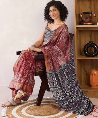 brown bandhani ready to wear bagru saree 3