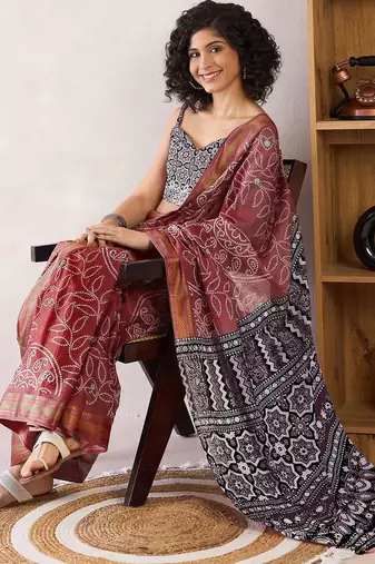 brown bandhani ready to wear bagru saree