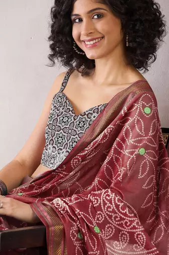 brown bandhani ready to wear bagru saree