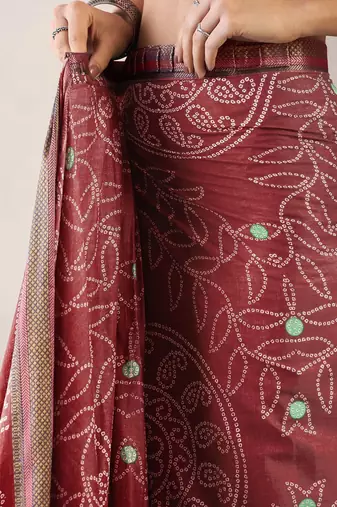 brown bandhani ready to wear bagru saree